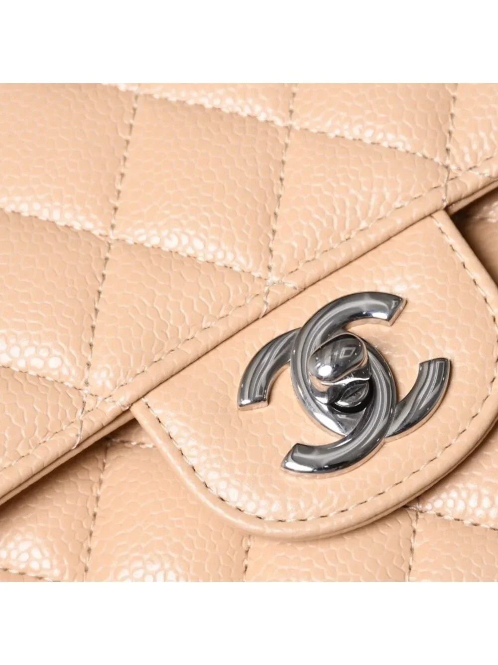 Chanel Quilted 25 Double Flap Chain Shoulder Bag Caviar Leather Beige Gold